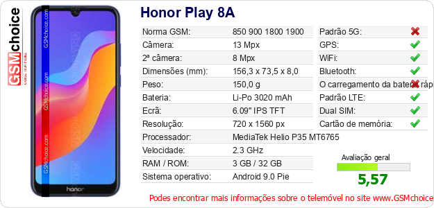 Honor Play 8A Especificações técnicas do telemóvel 