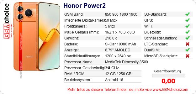 Honor Power2 technische Daten Honor Power2 technische Daten