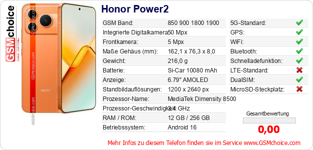 Honor Power2 technische Daten Honor Power2 technische Daten