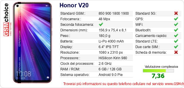 Honor V20 Dati tecnici di telefono cellulare Honor V20 Dati tecnici di telefono cellulare