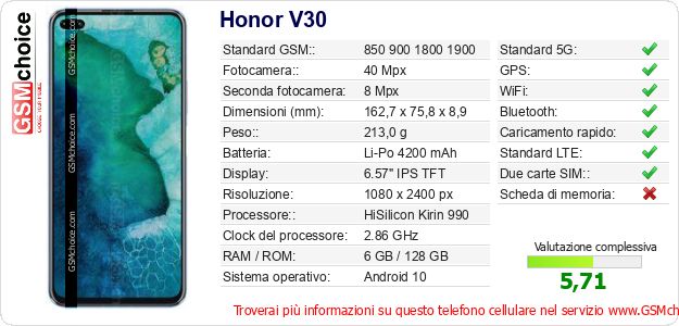 Honor V30 Dati tecnici di telefono cellulare Honor V30 Dati tecnici di telefono cellulare