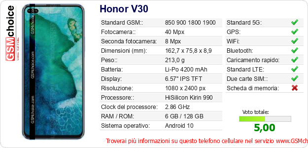 Honor V30 Dati tecnici di telefono cellulare 