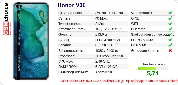 Honor V30 Technische gegevens Honor V30 Technische gegevens