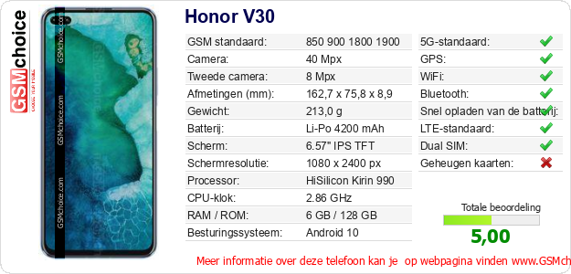 Honor V30 Technische gegevens Honor V30 Technische gegevens