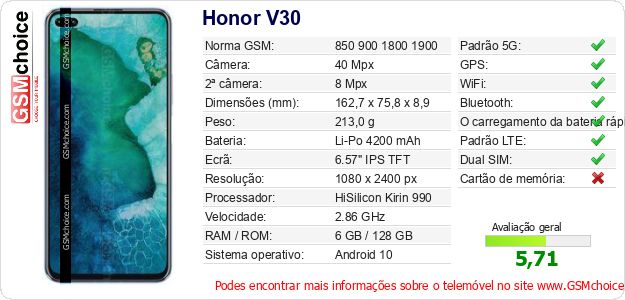 Honor V30 Especificações técnicas do telemóvel 