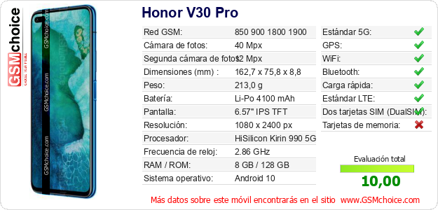 Honor V30 Pro Datos técnicos del móvil Honor V30 Pro Datos técnicos del móvil