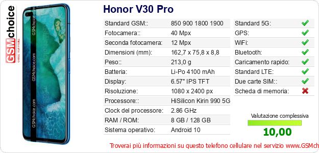 Honor V30 Pro Dati tecnici di telefono cellulare 