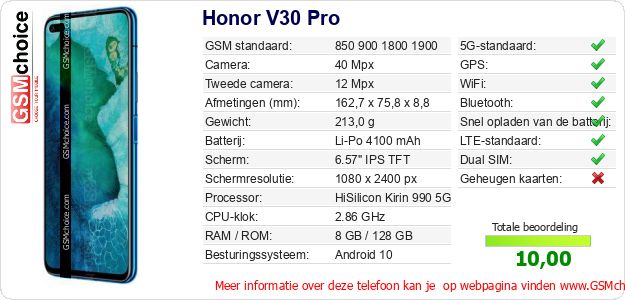 Honor V30 Pro Technische gegevens Honor V30 Pro Technische gegevens