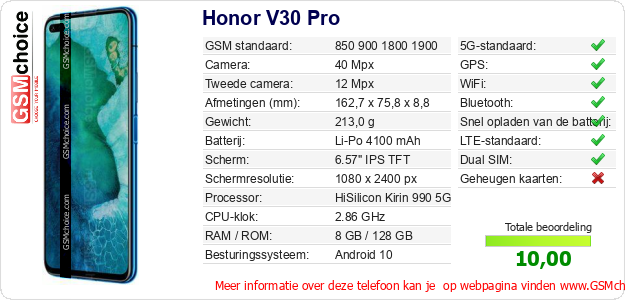 Honor V30 Pro Technische gegevens Honor V30 Pro Technische gegevens