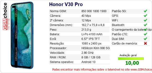 Honor V30 Pro Especificações técnicas do telemóvel Honor V30 Pro Especificações técnicas do telemóvel