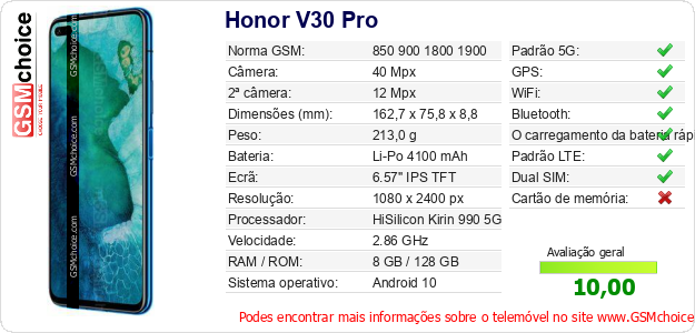 Honor V30 Pro Especificações técnicas do telemóvel Honor V30 Pro Especificações técnicas do telemóvel