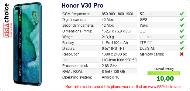 Honor V30 Pro 手机技术数据