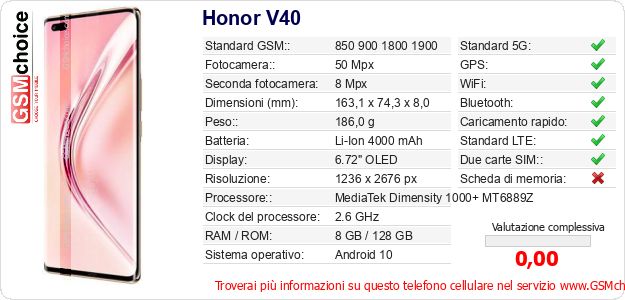 Honor V40 Dati tecnici di telefono cellulare Honor V40 Dati tecnici di telefono cellulare