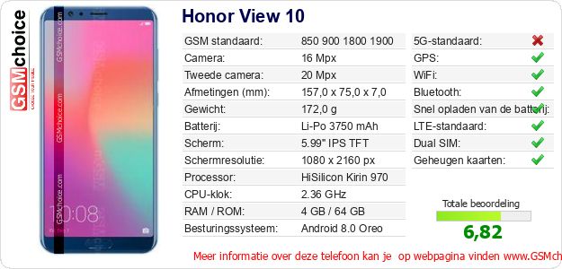 Honor View 10 Technische gegevens Honor View 10 Technische gegevens