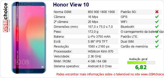 Honor View 10 Especificações técnicas do telemóvel Honor View 10 Especificações técnicas do telemóvel
