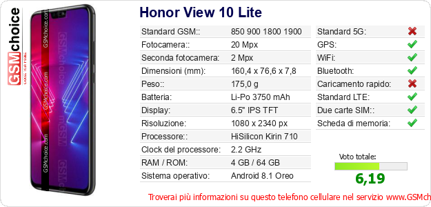 Honor View 10 Lite Dati tecnici di telefono cellulare 