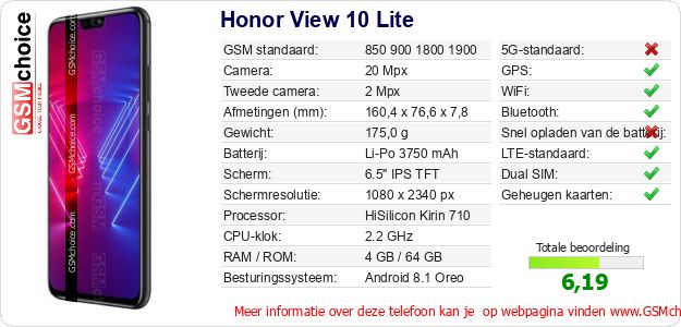 Honor View 10 Lite Technische gegevens 