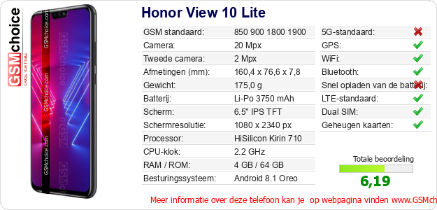 Honor View 10 Lite Technische gegevens 