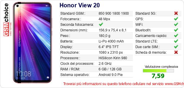 Honor View 20 Dati tecnici di telefono cellulare Honor View 20 Dati tecnici di telefono cellulare
