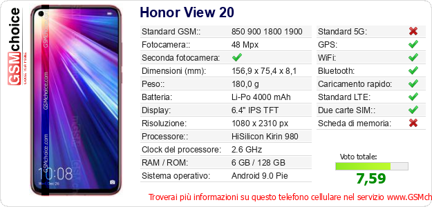 Honor View 20 Dati tecnici di telefono cellulare 