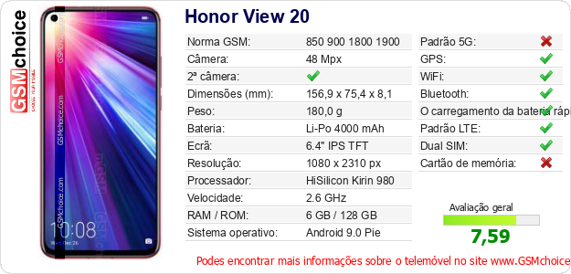 Honor View 20 Especificações técnicas do telemóvel Honor View 20 Especificações técnicas do telemóvel