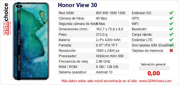 Honor View 30 Datos técnicos del móvil Honor View 30 Datos técnicos del móvil