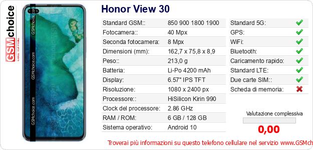 Honor View 30 Dati tecnici di telefono cellulare 