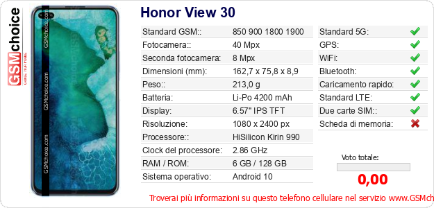 Honor View 30 Dati tecnici di telefono cellulare 