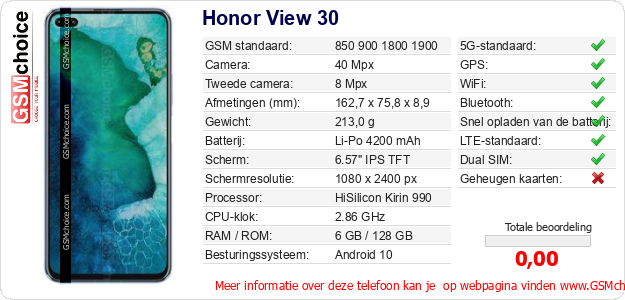 Honor View 30 Technische gegevens Honor View 30 Technische gegevens