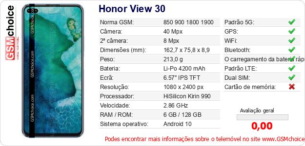 Honor View 30 Especificações técnicas do telemóvel Honor View 30 Especificações técnicas do telemóvel