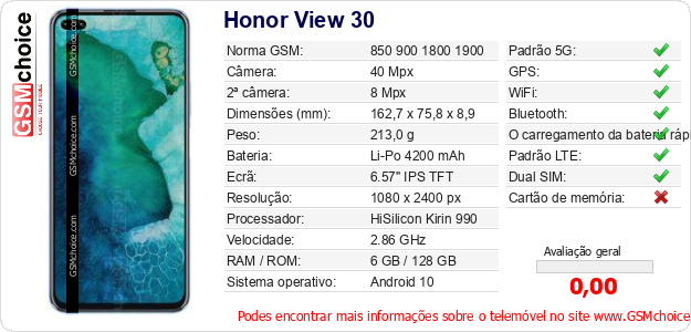 Honor View 30 Especificações técnicas do telemóvel Honor View 30 Especificações técnicas do telemóvel