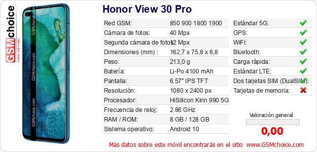 Honor View 30 Pro Datos técnicos del móvil Honor View 30 Pro Datos técnicos del móvil