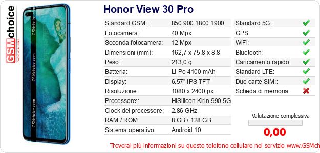 Honor View 30 Pro Dati tecnici di telefono cellulare 