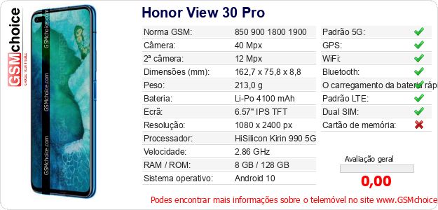 Honor View 30 Pro Especificações técnicas do telemóvel Honor View 30 Pro Especificações técnicas do telemóvel