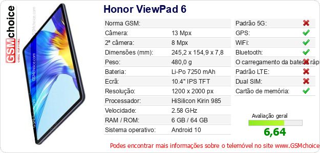 Honor ViewPad 6 Especificações técnicas do telemóvel 