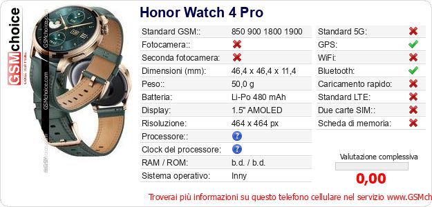 Honor Watch 4 Pro Dati tecnici di telefono cellulare Honor Watch 4 Pro Dati tecnici di telefono cellulare