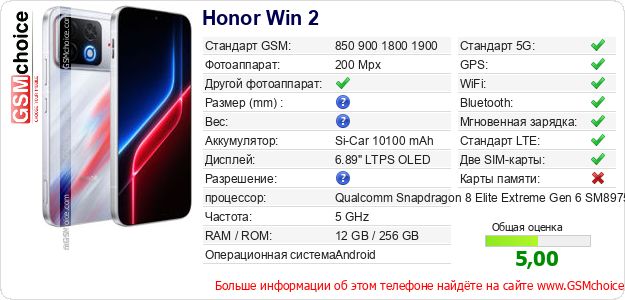 Honor Win 2 Технические данные телефона Honor Win 2 Технические данные телефона