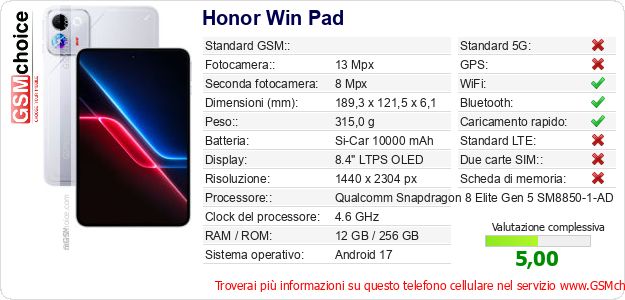 Honor Win Pad Dati tecnici di telefono cellulare Honor Win Pad Dati tecnici di telefono cellulare