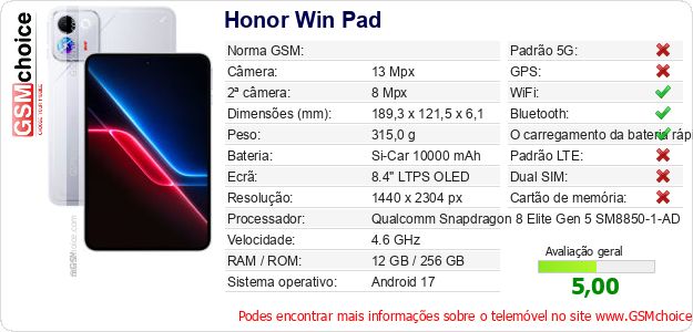Honor Win Pad Especificações técnicas do telemóvel Honor Win Pad Especificações técnicas do telemóvel