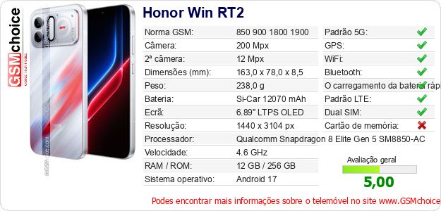 Honor Win RT2 Especificações técnicas do telemóvel Honor Win RT2 Especificações técnicas do telemóvel