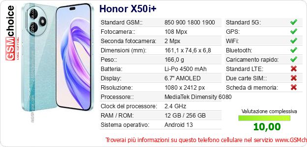 Honor X50i+ Dati tecnici di telefono cellulare Honor X50i+ Dati tecnici di telefono cellulare