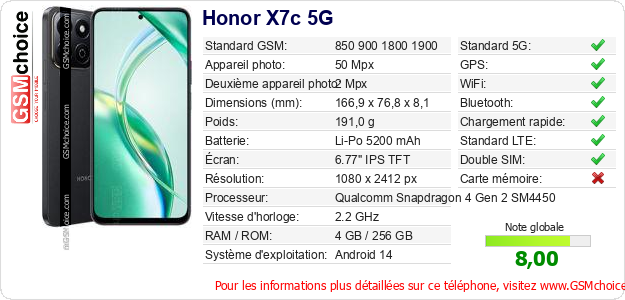 Honor X7c 5G Fiche technique