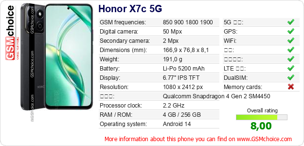 Honor X7c 5G 手机技术数据
