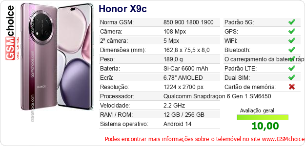 Honor X9c Especificações técnicas do telemóvel Honor X9c Especificações técnicas do telemóvel