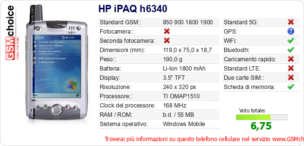 HP iPAQ h6340 Dati tecnici di telefono cellulare 