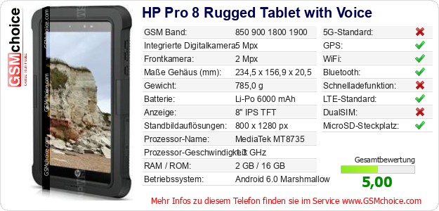 HP Pro 8 Rugged Tablet with Voice technische Daten HP Pro 8 Rugged Tablet with Voice technische Daten