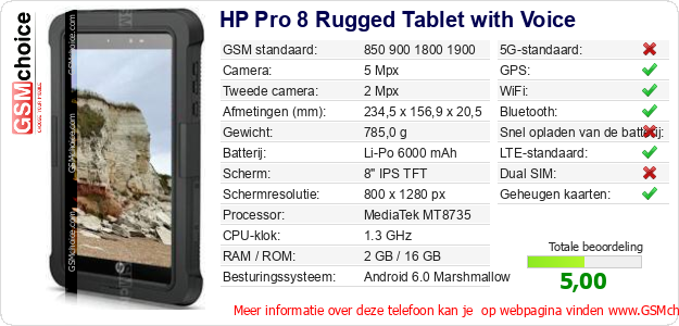HP Pro 8 Rugged Tablet with Voice Technische gegevens HP Pro 8 Rugged Tablet with Voice Technische gegevens