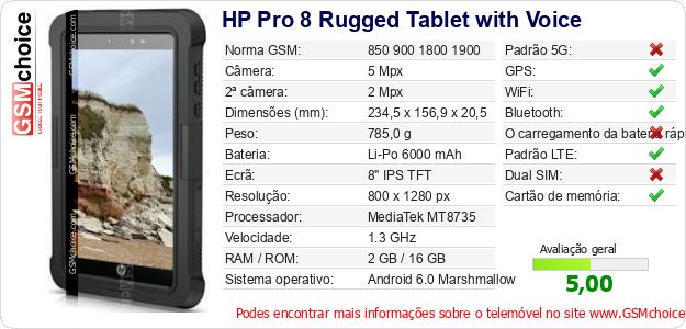 HP Pro 8 Rugged Tablet with Voice Especificações técnicas do telemóvel HP Pro 8 Rugged Tablet with Voice Especificações técnicas do telemóvel