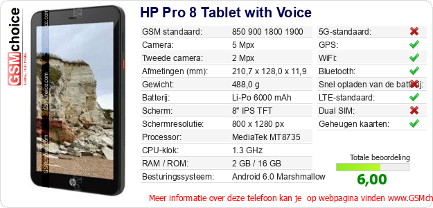 HP Pro 8 Tablet with Voice Technische gegevens 