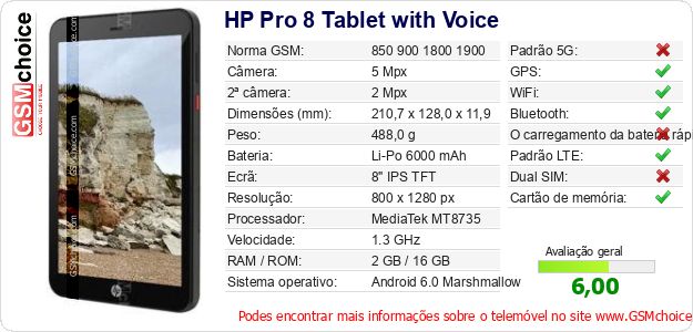 HP Pro 8 Tablet with Voice Especificações técnicas do telemóvel 